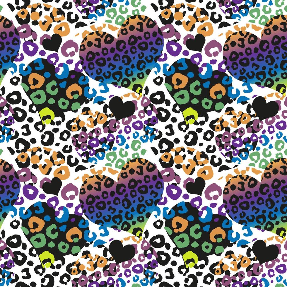 Abstract seamless pattern with rainbow heart and leopard spots.Graffiti vector endless texture