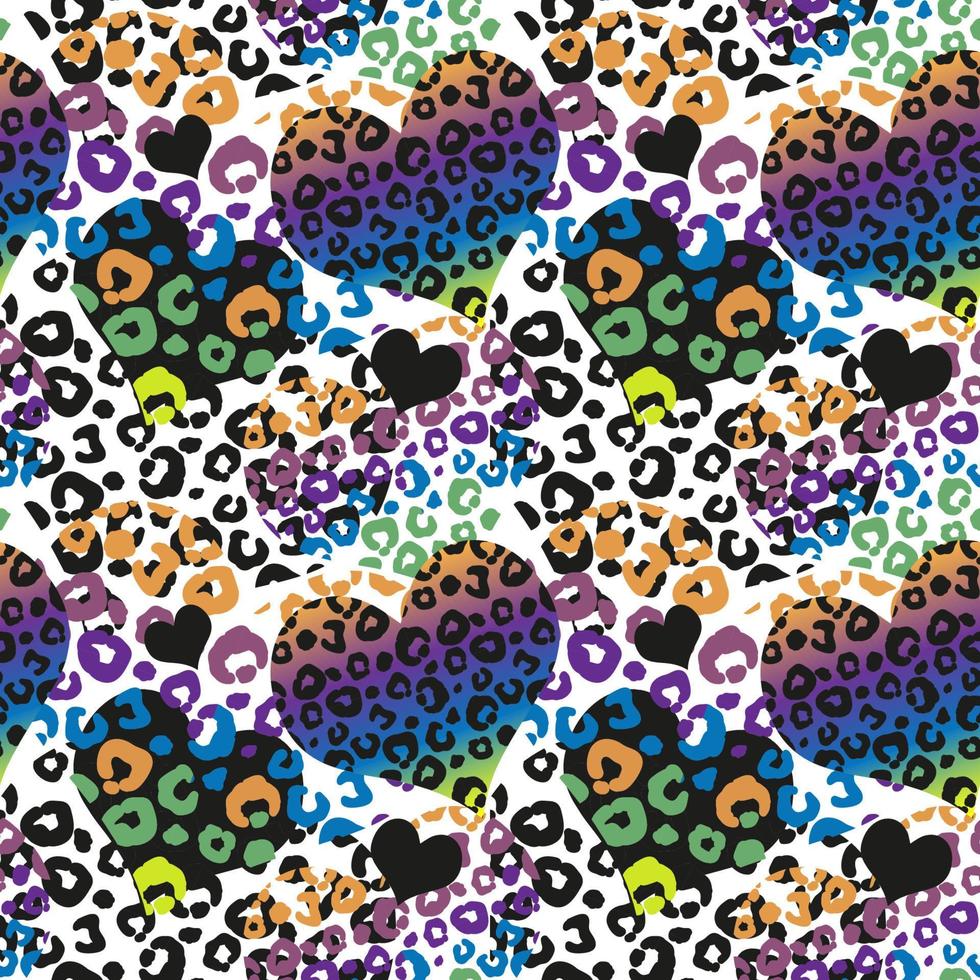 Abstract seamless pattern with rainbow heart and leopard spots.Graffiti vector endless texture