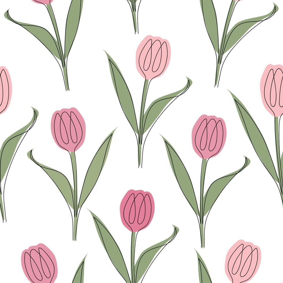 Seamless pattern of tulips drawn in one line. Vector illustration isolated on white background