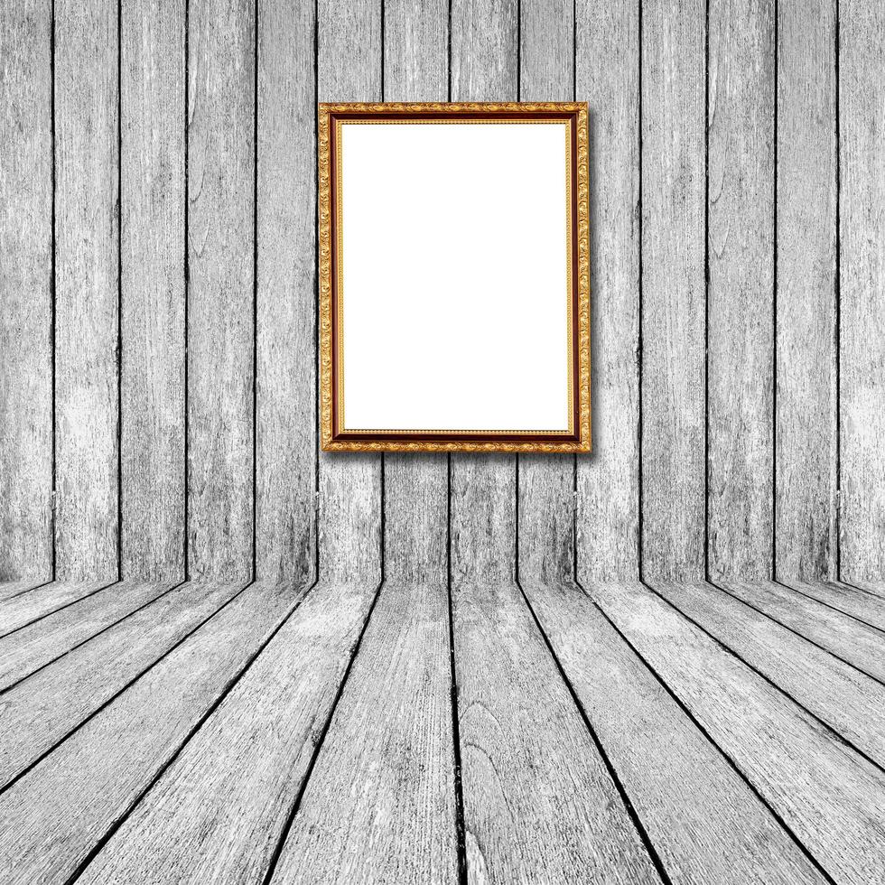 White wood perspective background with frame photo in room interior.