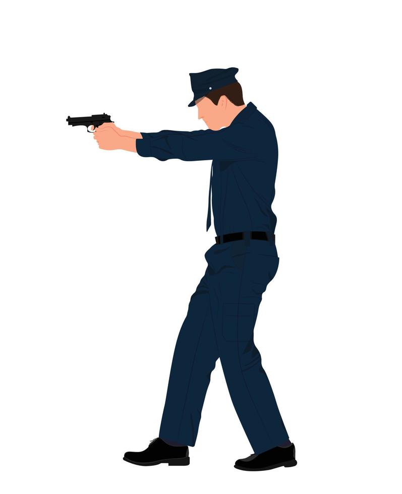 masculino policía oficial disparo ilustración, en pie policía en uniforme señalando pistola plano vector