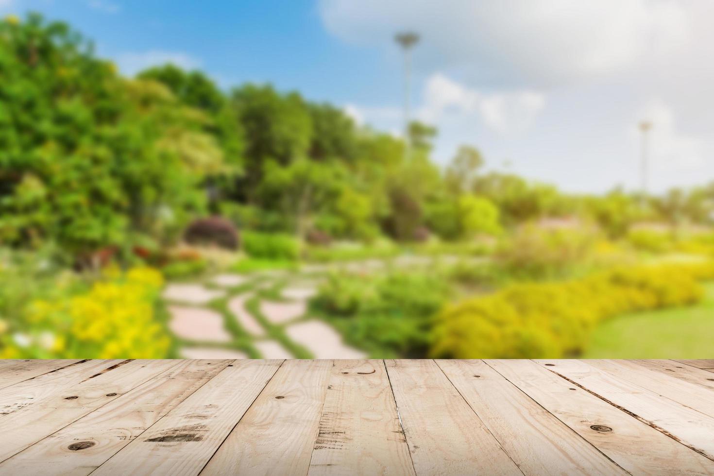 wood tabletop and garden blurred with sunlight photo