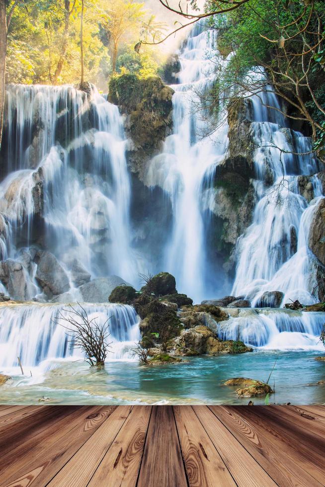 Wood bridge Kwang sri waterfall in Luang prabang, Laos. photo