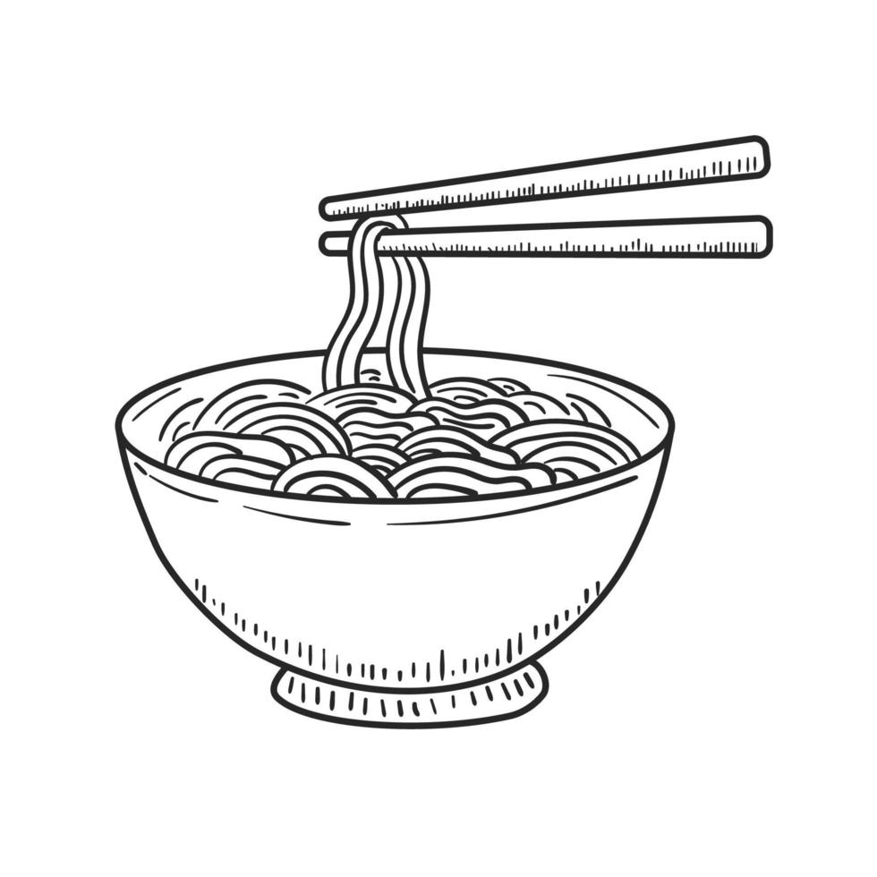 Bowl of noodle with chopsticks drawing in sketch style isolated on white background vector