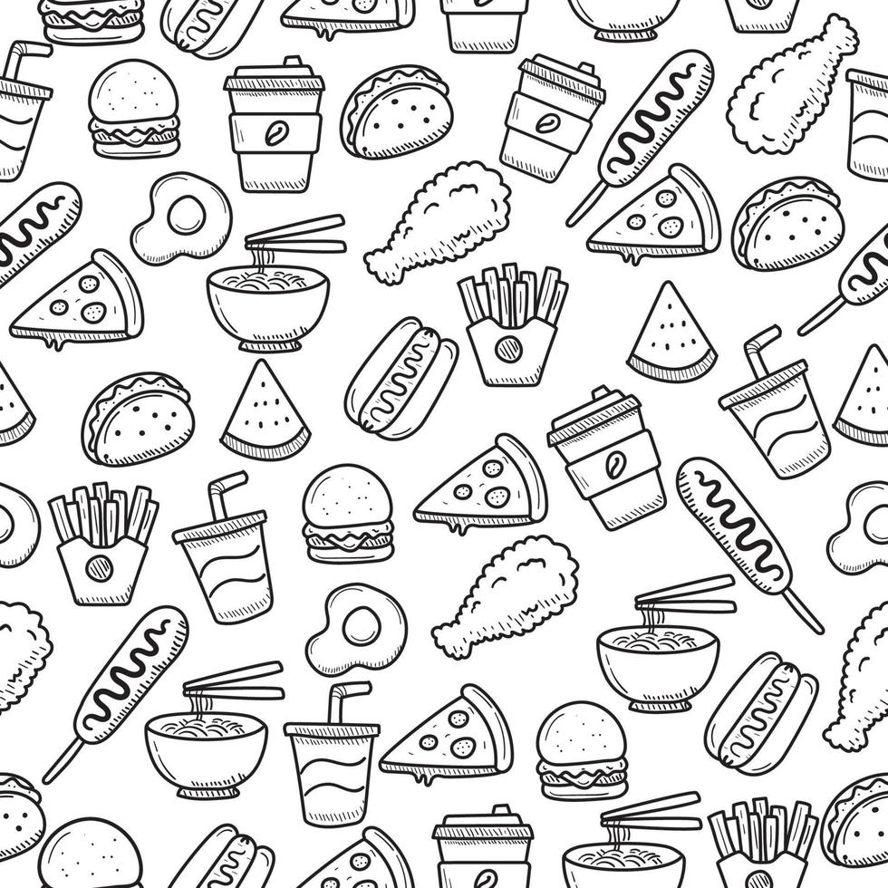 Fast food seamless doodle pattern with black and white color vector