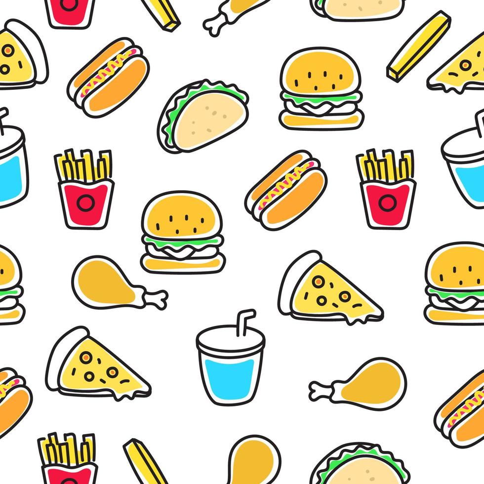 Fast food doodle pattern with a colorful design vector