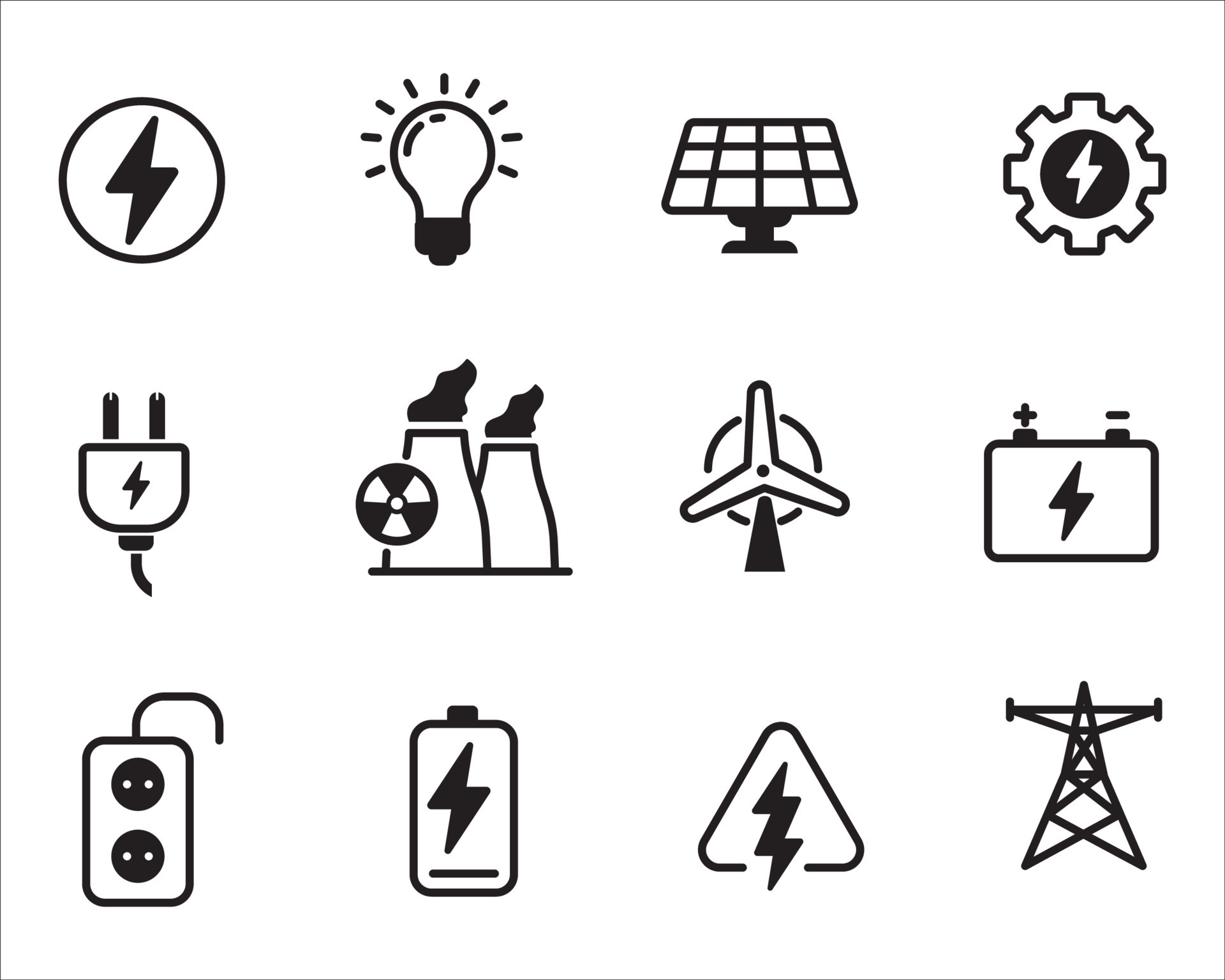 Set of electricity related icon with black design isolated on white ...