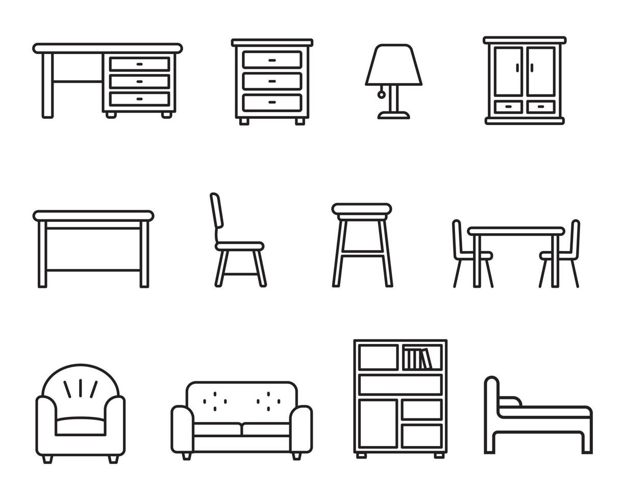 Set of furniture icon in linear style isolated on white background