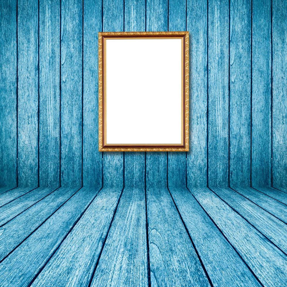 blue wood perspective background with frame photo in room interior.