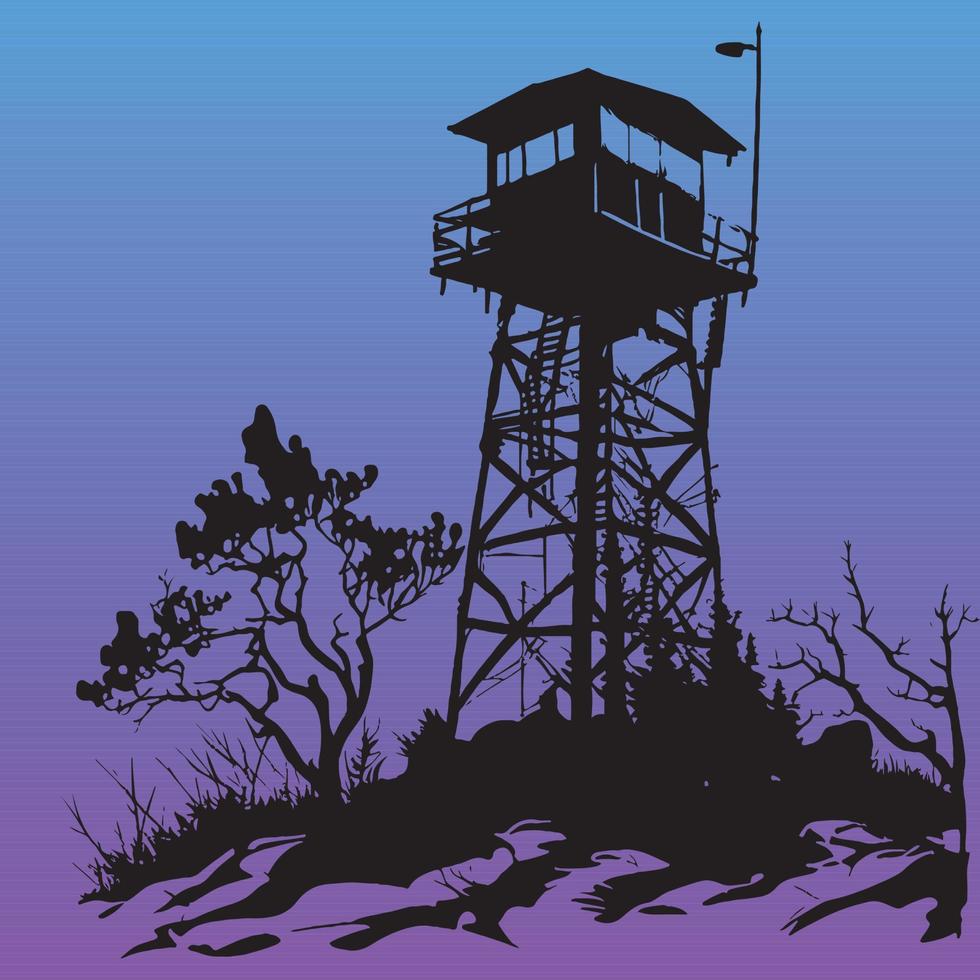 torre de vigilancia silueta en negro color en puesta de sol degradado fondo, torre de vigilancia vector ilustración