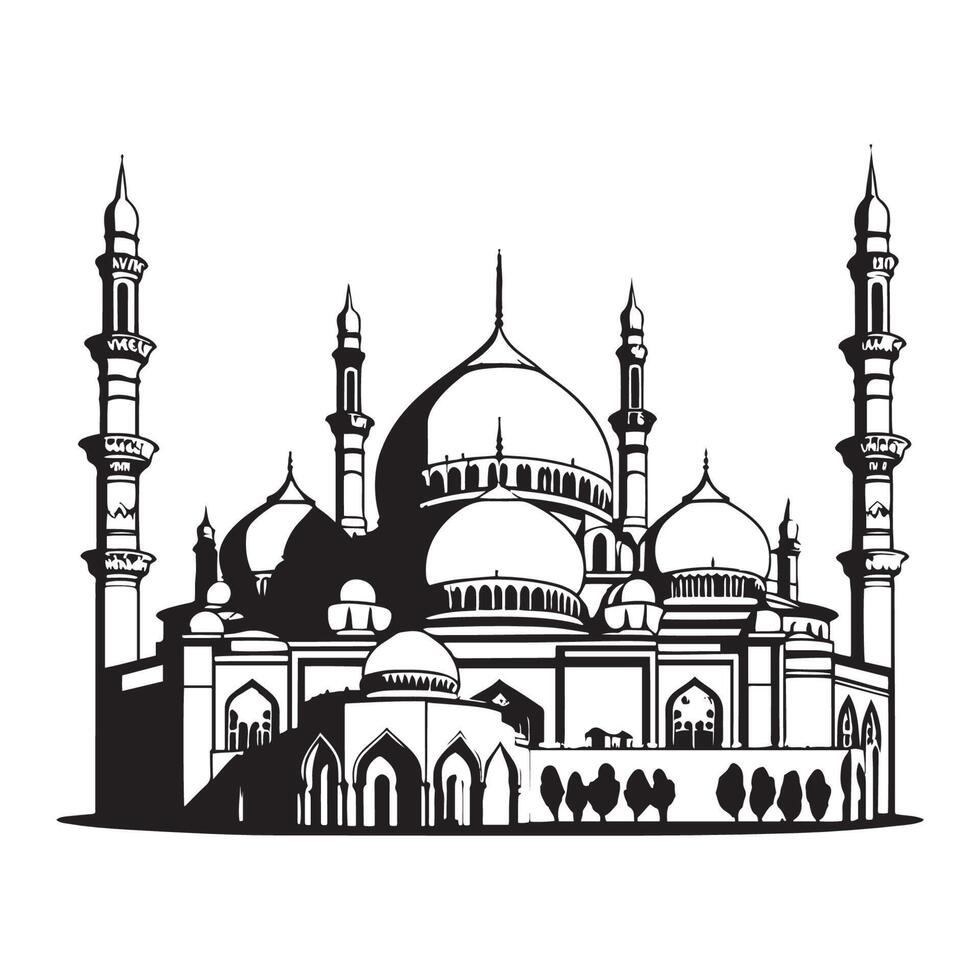 Beautiful Mosque Vector outline Sketch drawing. Silhouette, icon, logo of mosque.