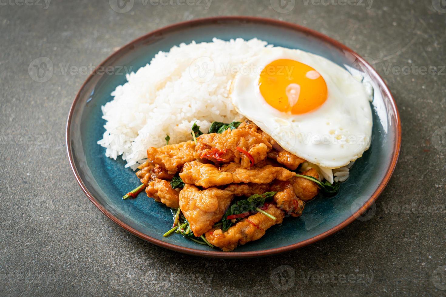 stir-fried fried fish with basil and fried egg topped on rice photo