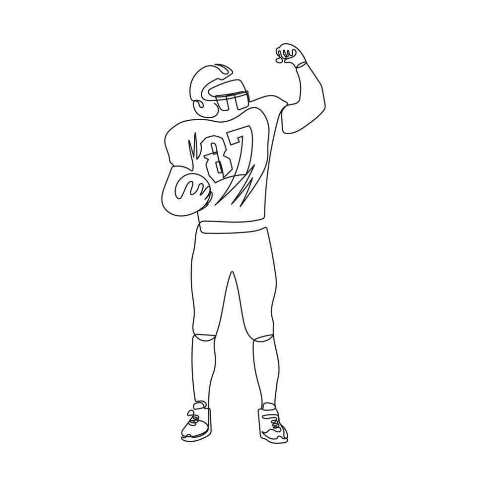 American football player holding ball. Athlete in sport uniform celebrating goal. One continuous drawn line. Sport Success Celebration. Vector illustration