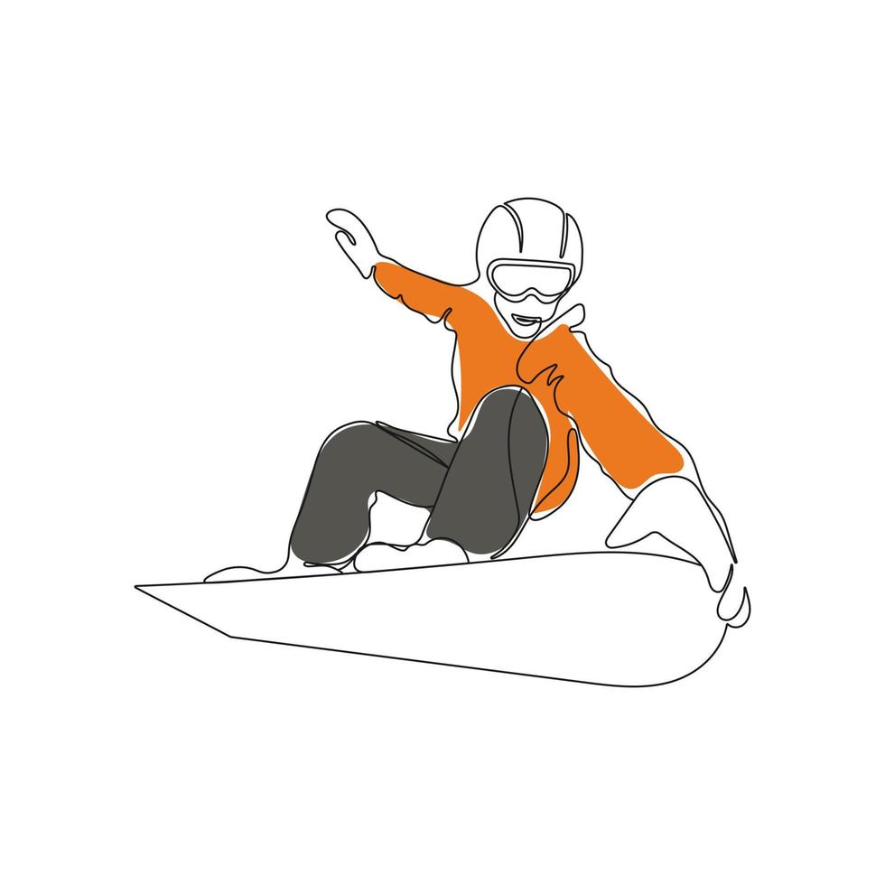 Snowboarder riding snowboard. One line drawing art. Jumping snowboarder. Winter, tourist sport concept. Hand drawn vector illustration.