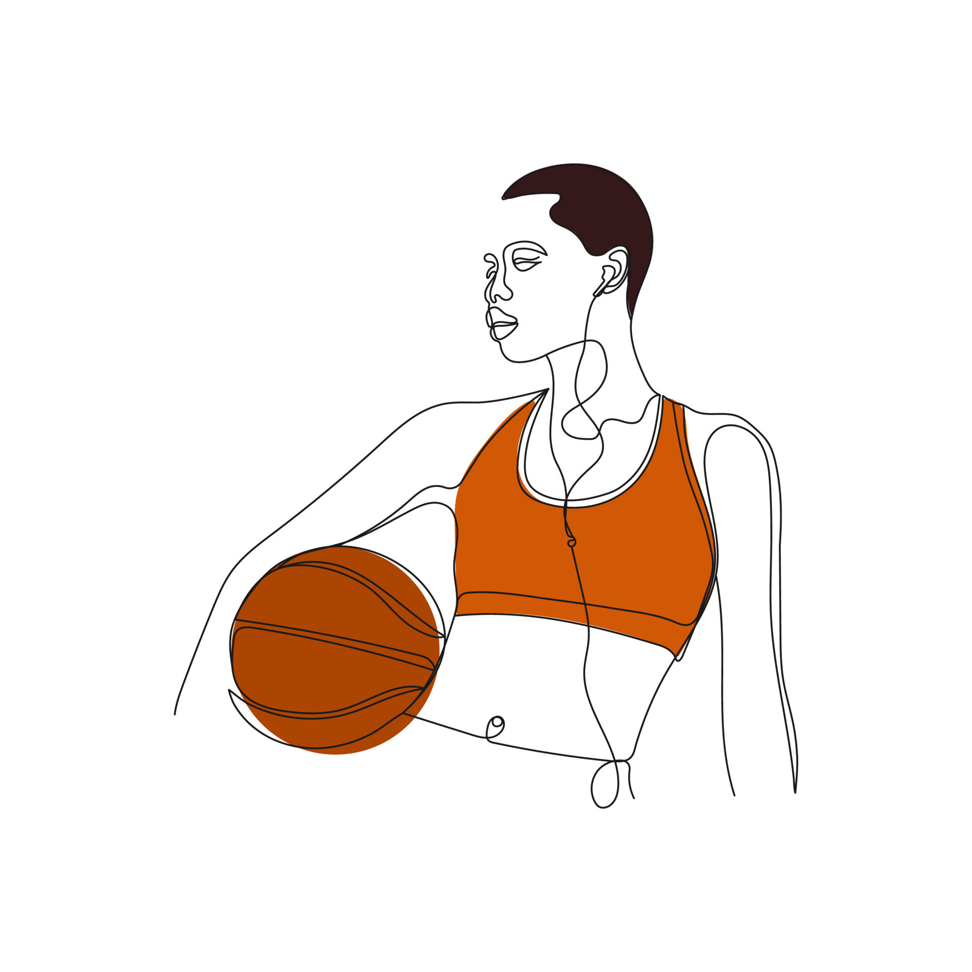Basketball player. Girl hold the ball. One continuous line drawing