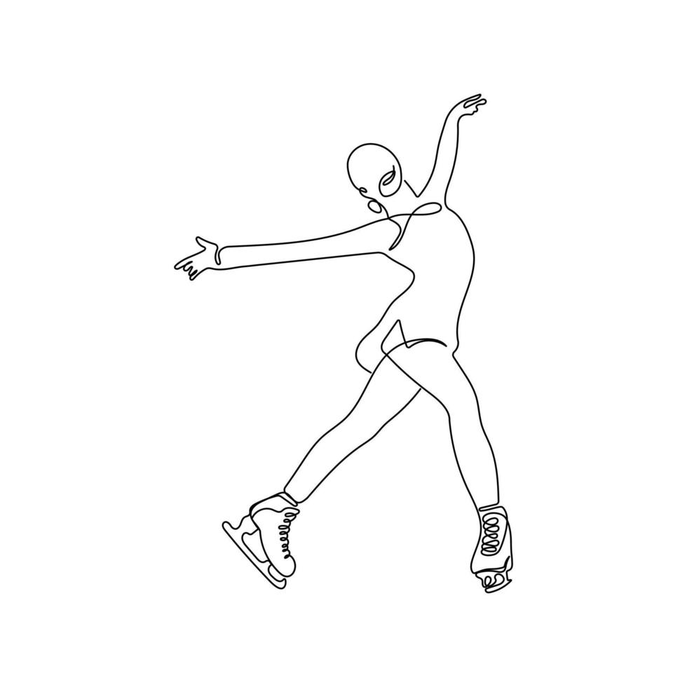 Ice skating, figure skater in one continuous line drawing style. A young woman is dancing. Winter sport concept. Hand drawn vector illustration.