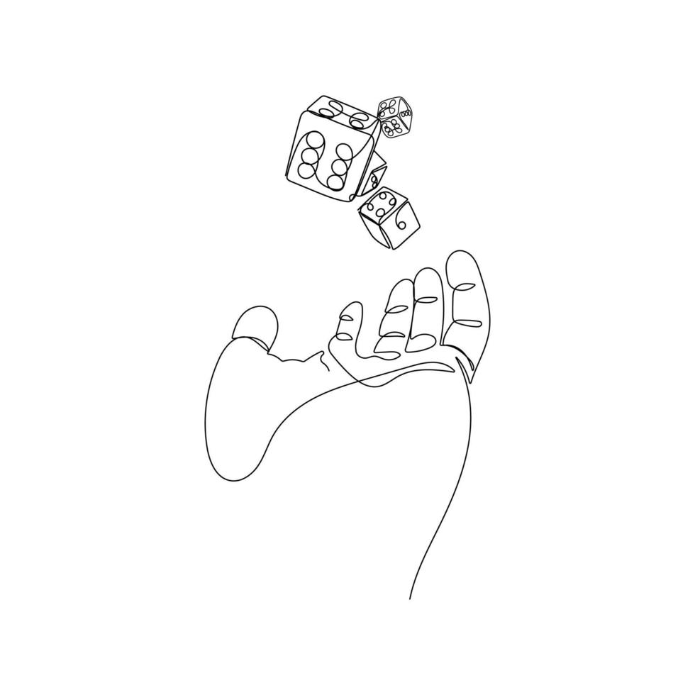 Hand with game dice. Person throwing craps. Gambler, business risk, casino concept in one continuous line drawing style. Hand drawn vector illustration.