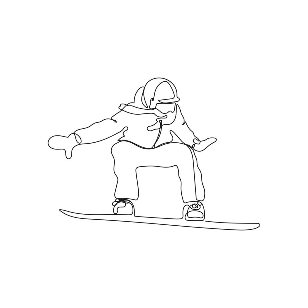 Snowboarder rides a snowboard. One line art. Jumping snowboarder. Tourist sport concept. Hand drawn vector illustration.