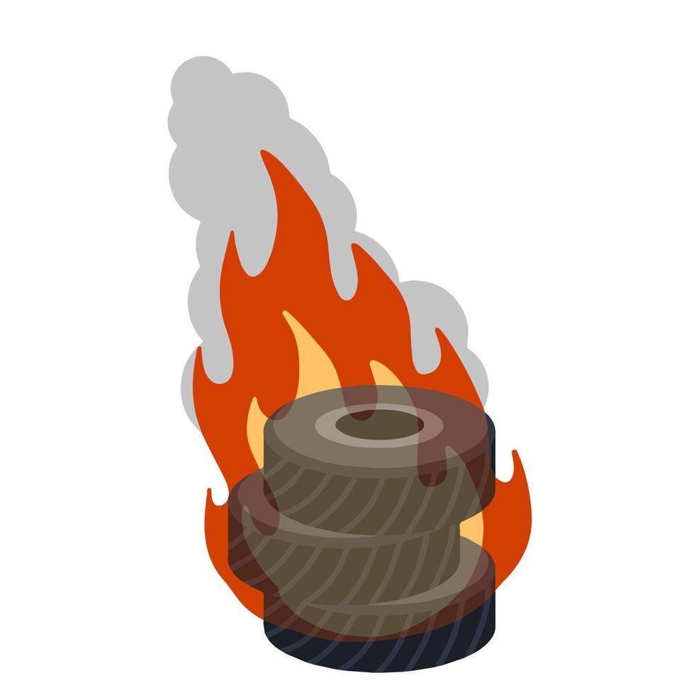 Burning tire. The old wheel. The problem of urban garbage and ecology. Fire and garbage. Flat cartoon isolated on white. vector