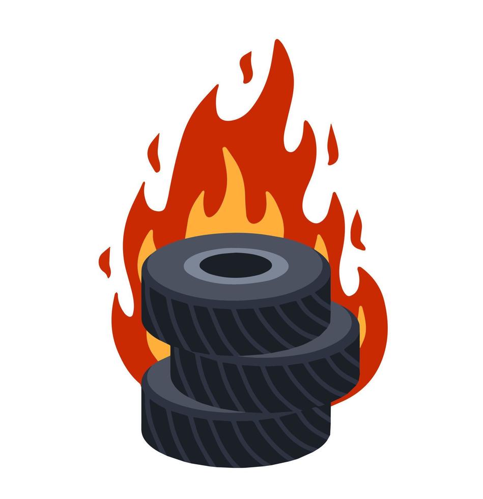 Burning tire. The old wheel. The problem of urban garbage and ecology. Fire and garbage. Flat cartoon isolated on white. vector
