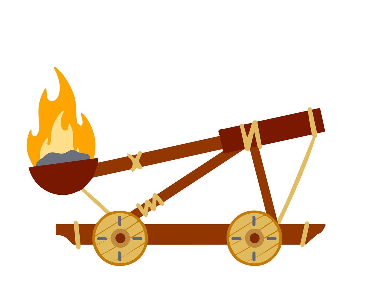 Catapult. Ancient weapons for the siege of the fortress. Wooden medieval artillery ballista. Flat cartoon vector