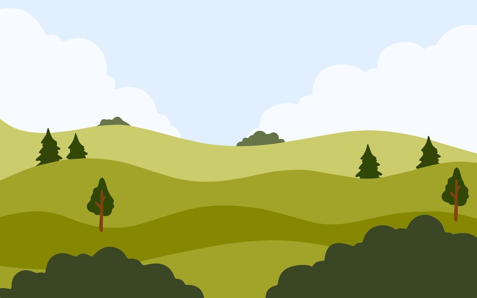 paisaje de verano con verdes colinas. paisaje natural campo con árboles y arbustos. ilustración plana de dibujos animados vector