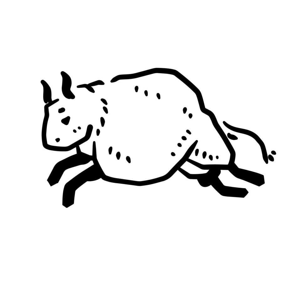 Rock art. Drawing of a bull or ox. Primitive tribal cartoon. Running animal. Black and white doodle vector