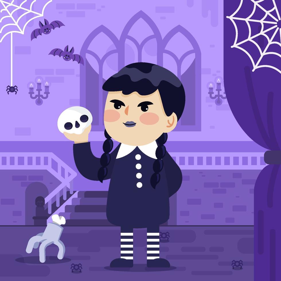 Girl Holding Skull In The Dark Mansion Concept vector