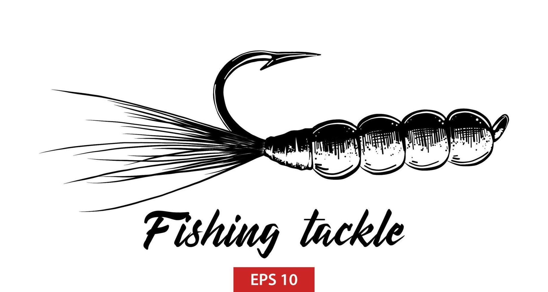 Vector engraved style illustration for posters, decoration and print. Hand drawn sketch of fishing tackle in black isolated on white background. Detailed vintage etching style drawing.