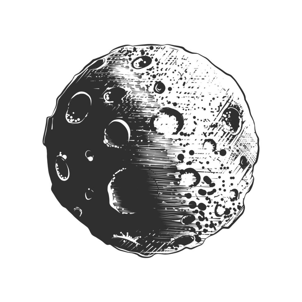 vector grabado estilo ilustración para carteles, decoración y impresión. mano dibujado bosquejo de Luna planeta en monocromo aislado en blanco antecedentes. detallado Clásico xilografía estilo dibujo.