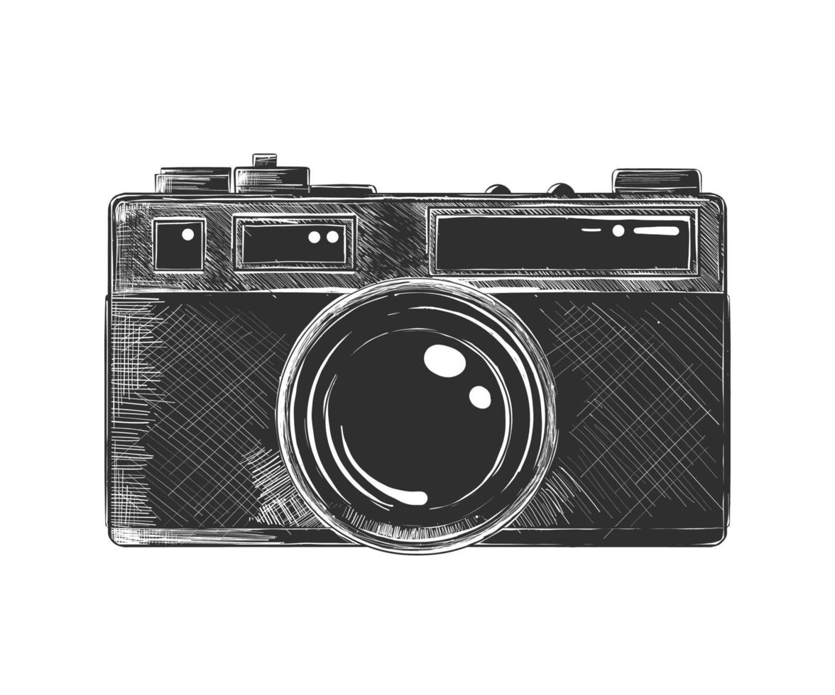 Vector engraved style illustration for posters, decoration and print. Hand drawn sketch of camera in monochrome isolated on white background. Detailed vintage woodcut style drawing.