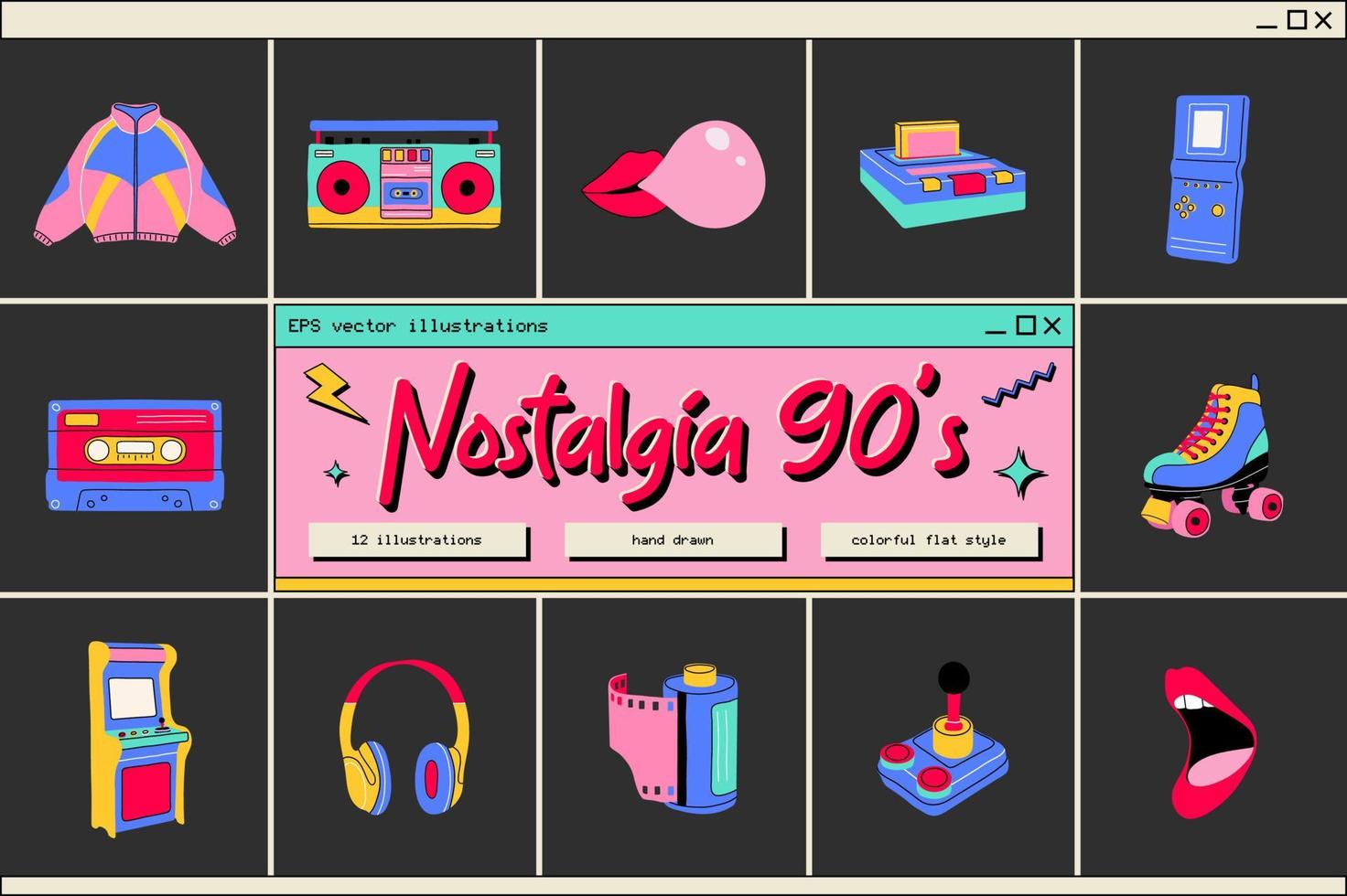 Classic 80s 90s elements in modern style flat, line style. Hand drawn vector illustration jacket, cube, lips, headphones, roller skate, cassette, recorder, camera roll. Fashion patch, badge, emblem.