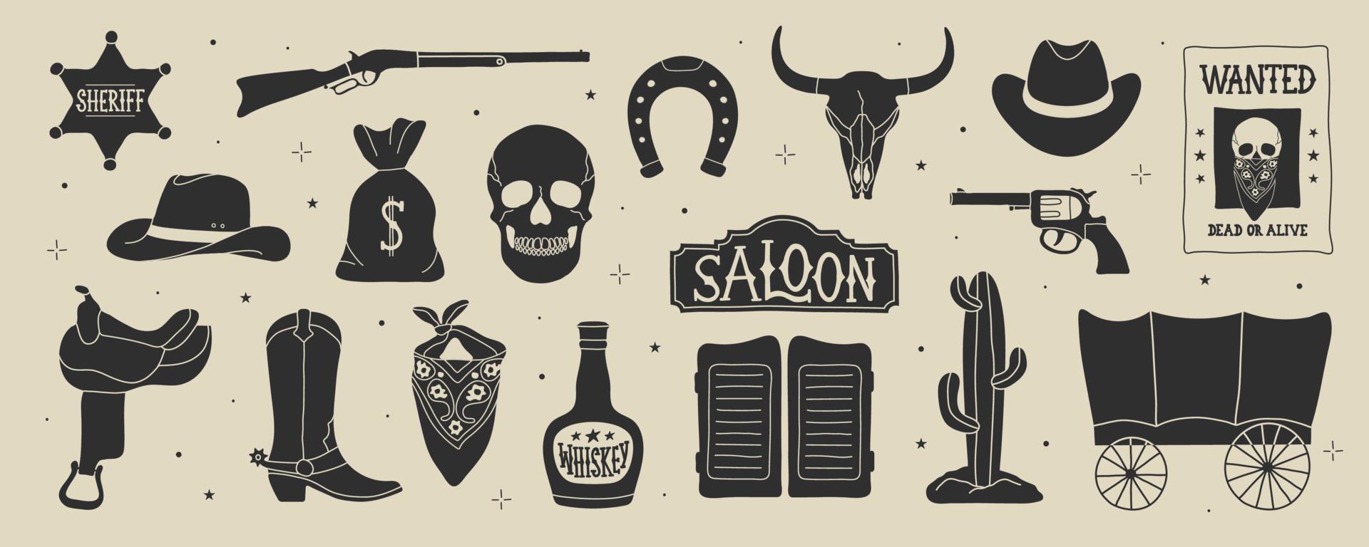 Wild west elements in modern flat, line style. Hand drawn vector illustration cowboy boot, hat, saloon doors and sign, bandana, bull and human skull, revolver, cactus, whiskey bottle, wagon, rifle