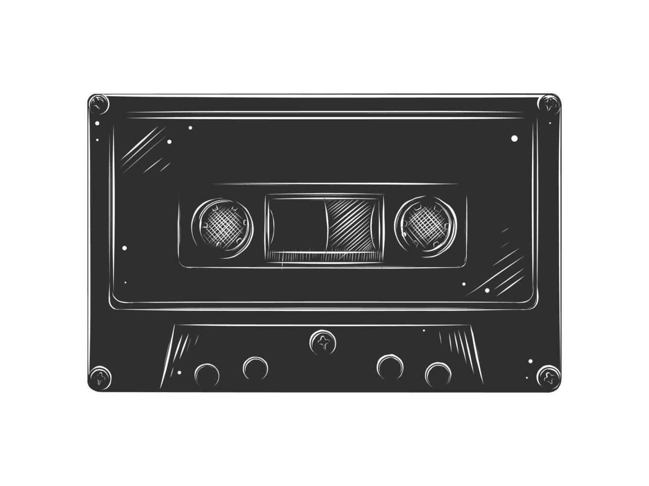 Vector engraved style illustration for posters, decoration and print. Hand drawn sketch of cassette in monochrome isolated on white background. Detailed vintage woodcut style drawing.