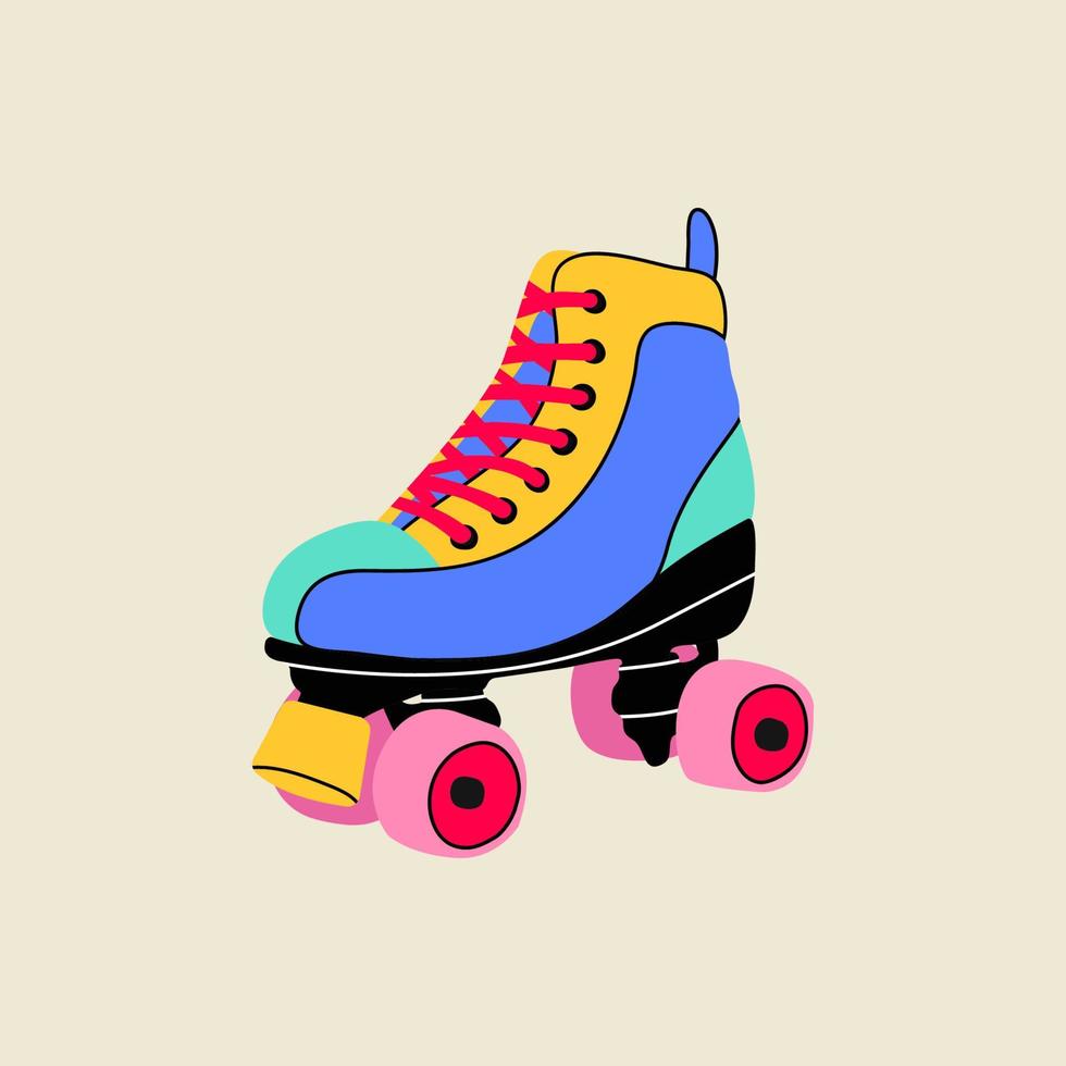 Classic nostalgic 80s-90s element in modern style flat, line art style. Hand drawn vector retro illustration of quad roller skates, oldschool. Fashion patch, badge, emblem, logo