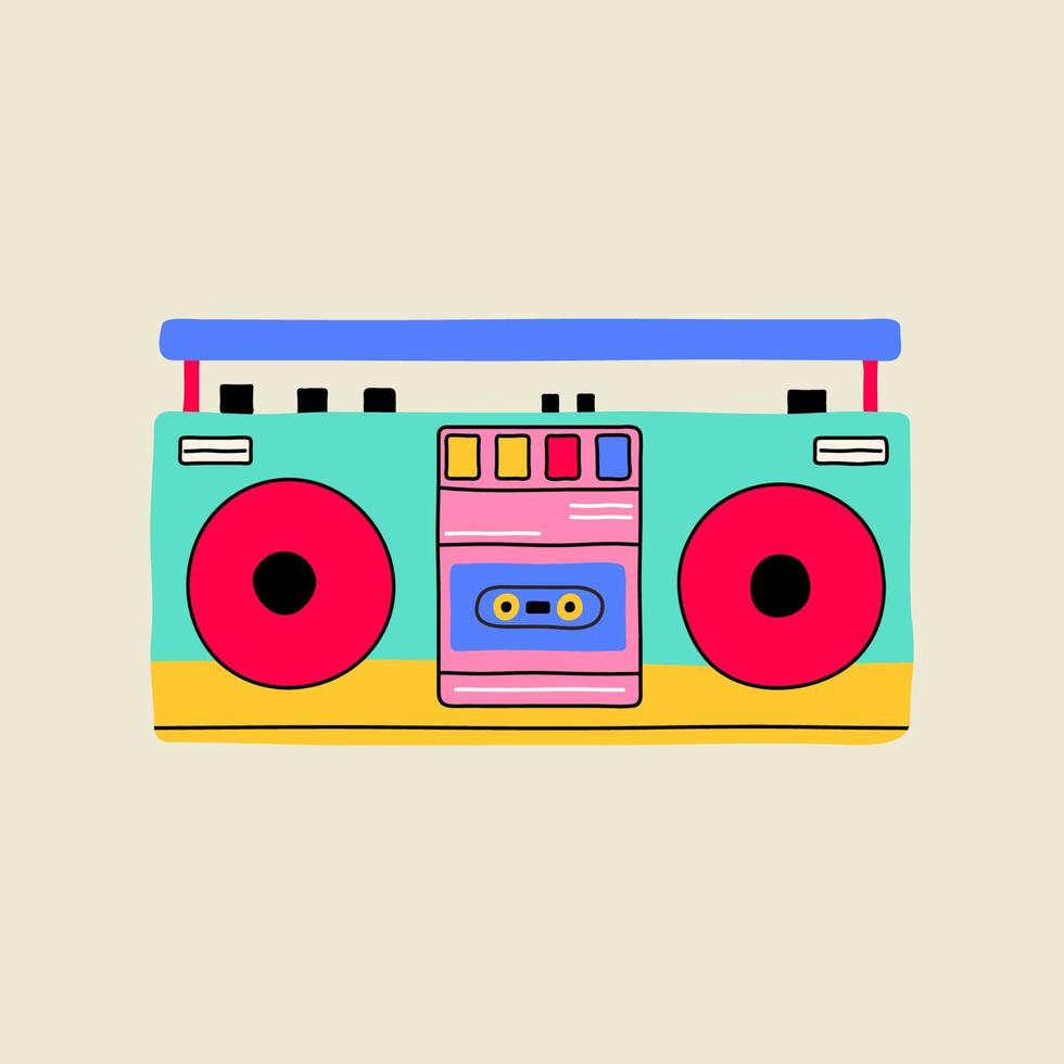 Classic 80s-90s elements in modern style flat, line art style, front view. Hand drawn vector illustration of record player, audio tape recorder, ghetto boom box. Fashion patch, badge, emblem, logo