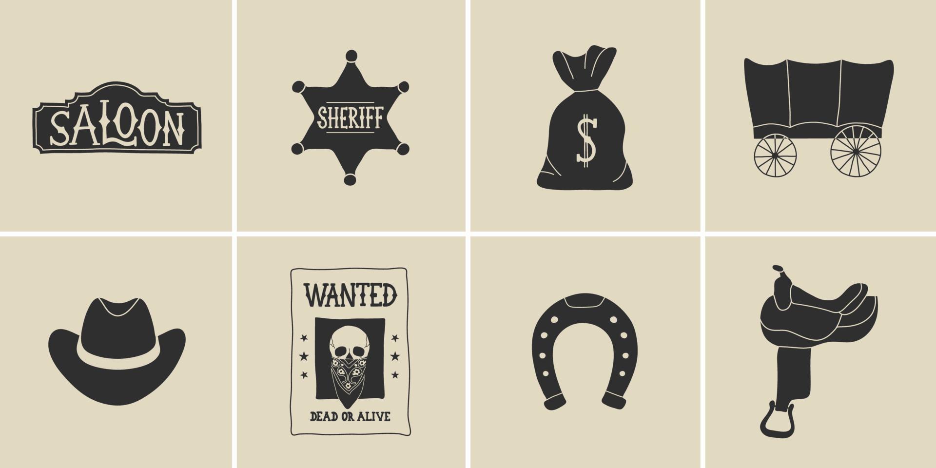 Wild west elements in modern flat, line style. Hand drawn vector illustration cowboy saddle, hat, saloon sign, sheriff star, wagon, wanted poster, money bag, horseshoe. Cowboy patch, badge, emblem.