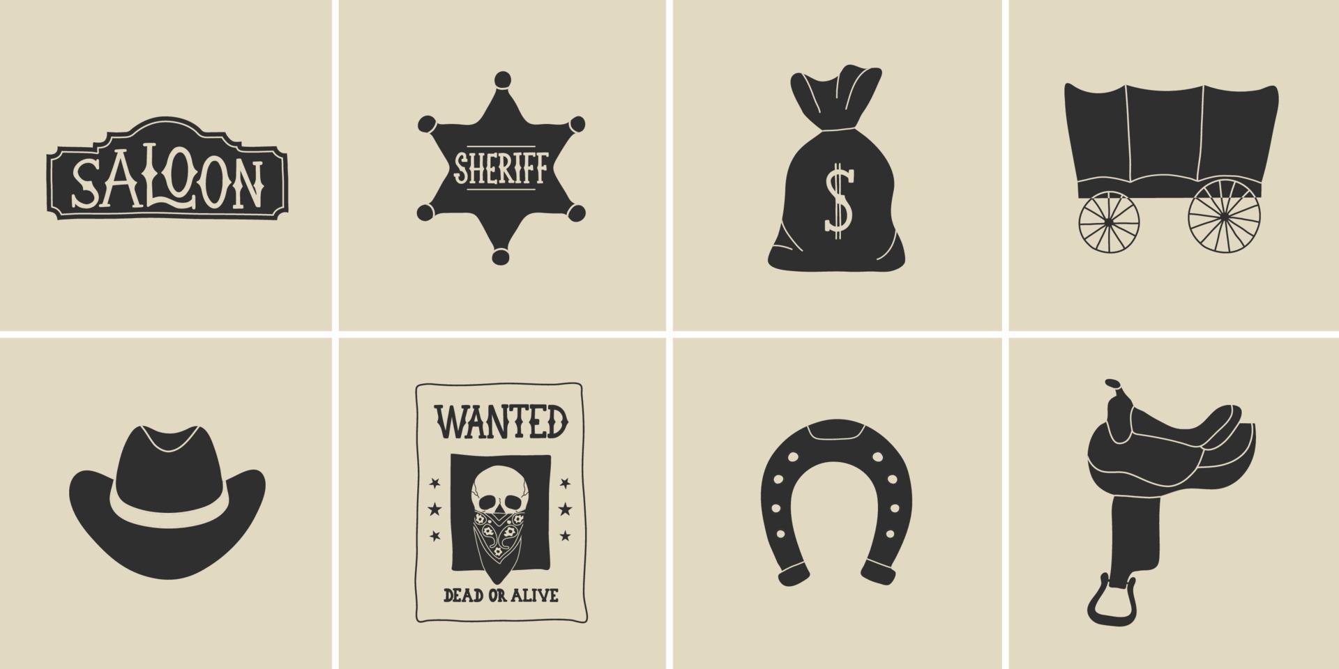 Wild west elements in modern flat, line style. Hand drawn vector illustration cowboy saddle, hat, saloon sign, sheriff star, wagon, wanted poster, money bag, horseshoe. Cowboy patch, badge, emblem.