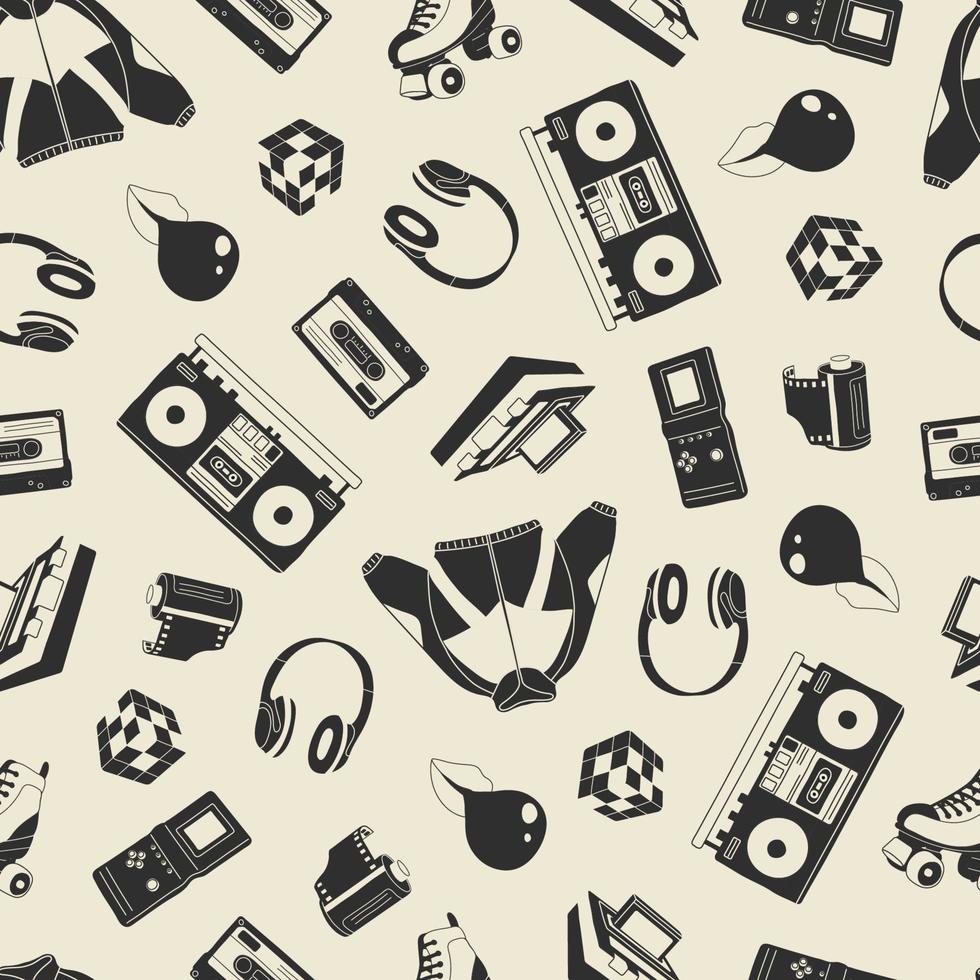 Classic 80s-90s elements in modern style flat, line style. Hand drawn vector illustration jacket, cube, lips, headphones, roller skate, cassette, recorder, camera roll. Fashion seamless pattern
