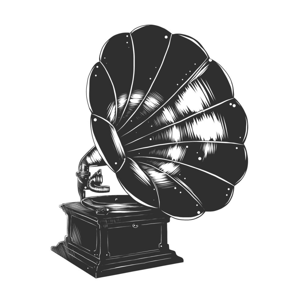 Vector engraved style illustration for posters, decoration and print. Hand drawn sketch of gramophone in monochrome isolated on white background. Detailed vintage woodcut style drawing.