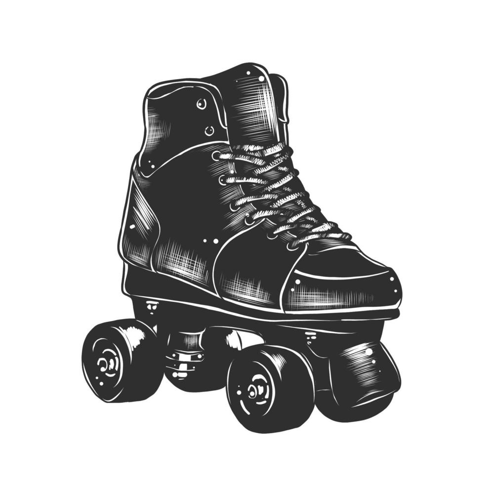 vector grabado estilo ilustración para carteles, decoración y impresión. mano dibujado bosquejo de retro rodillo patines en monocromo aislado en blanco antecedentes. detallado Clásico xilografía estilo dibujo.