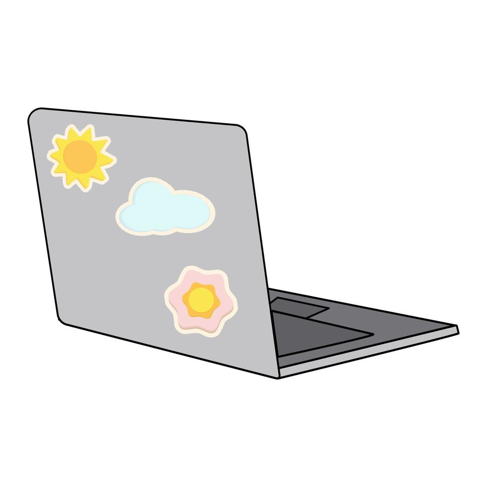 Isometric image of a laptop with bright stickers on the cover of the sun, cloud and flower. Sticker vector