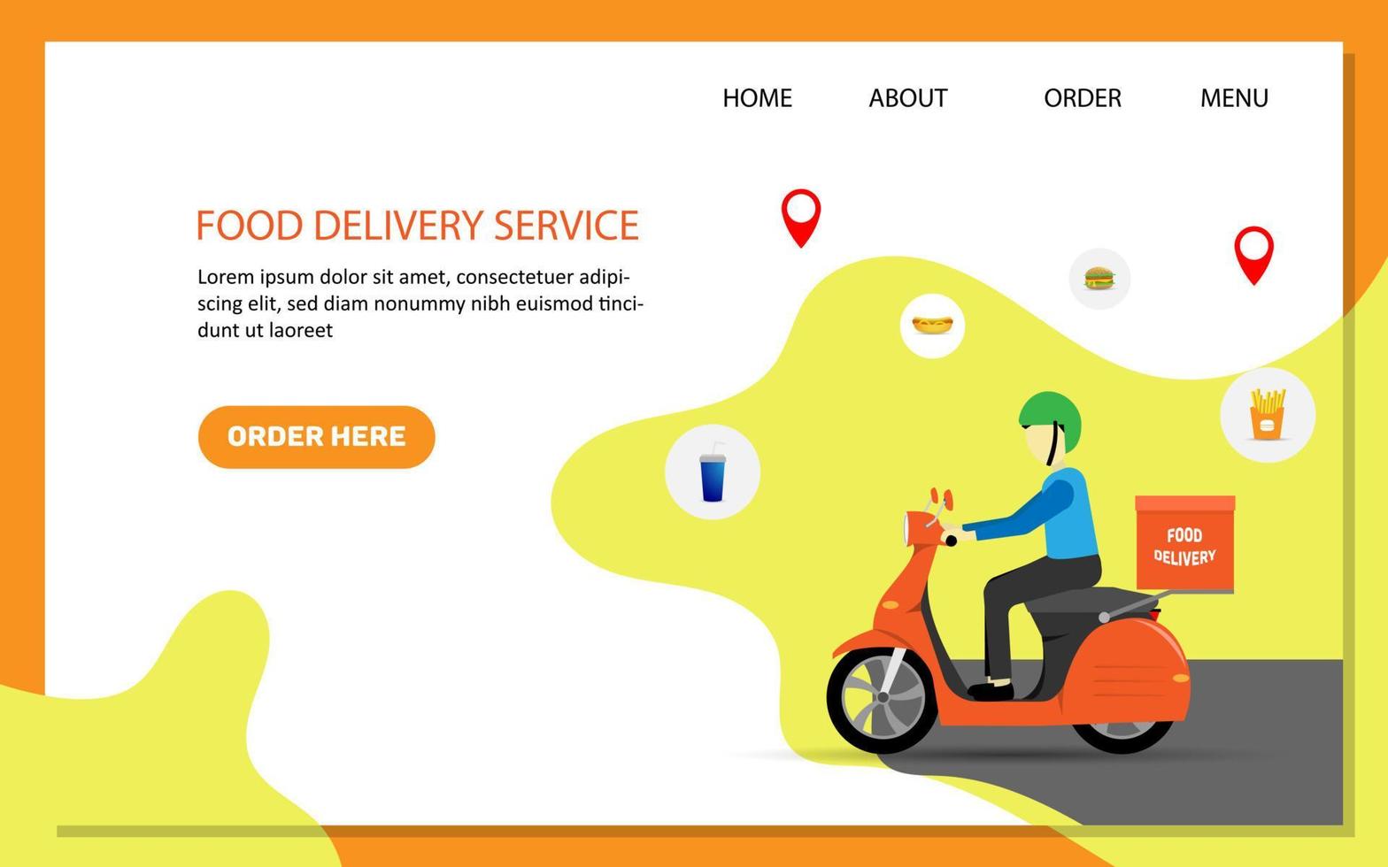 Fast and free delivery service with scooter  or food delivery service in flat style design. Landing page of food delivery service. Vector illustration eps 10.