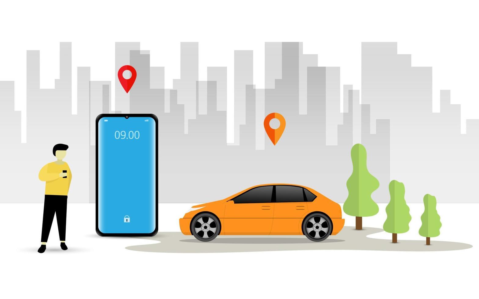 Vector Illustration of car sharing service or online transportation concept. People use smartphone to order online transportation car based on GPS. Modern Flat style design illustration