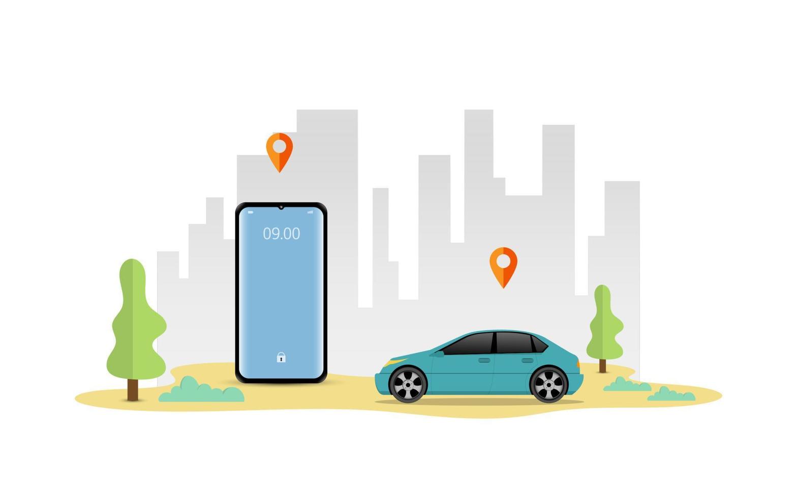 Vector Illustration of car sharing service or online transportation concept. People use smartphone to order online transportation car based on GPS. Modern Flat style design illustration