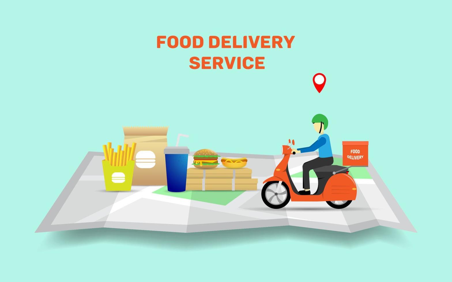 rápido y gratis entrega Servicio con scooter o comida entrega Servicio en plano estilo diseño. aterrizaje página de comida entrega servicio. vector ilustración eps 10