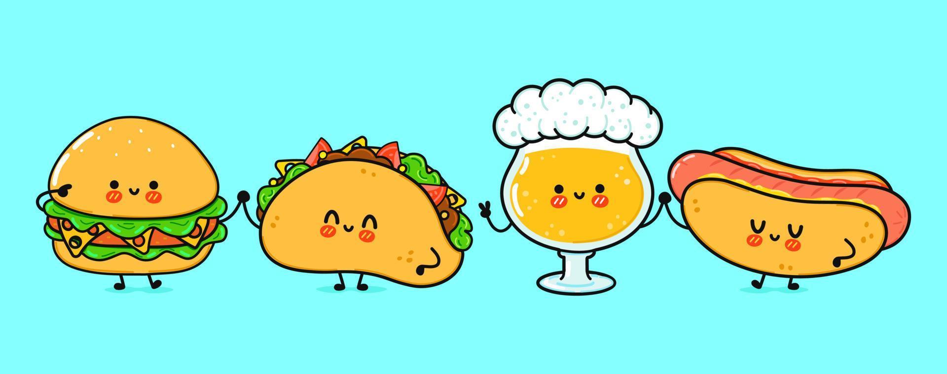 lindo, divertido y feliz vaso de cerveza, hot dog, hamburguesa, taco. personajes kawaii de dibujos animados dibujados a mano vectorial, icono de ilustración. divertido vaso de dibujos animados de cerveza, hot dog, hamburguesa, concepto de amigos de la mascota del taco vector