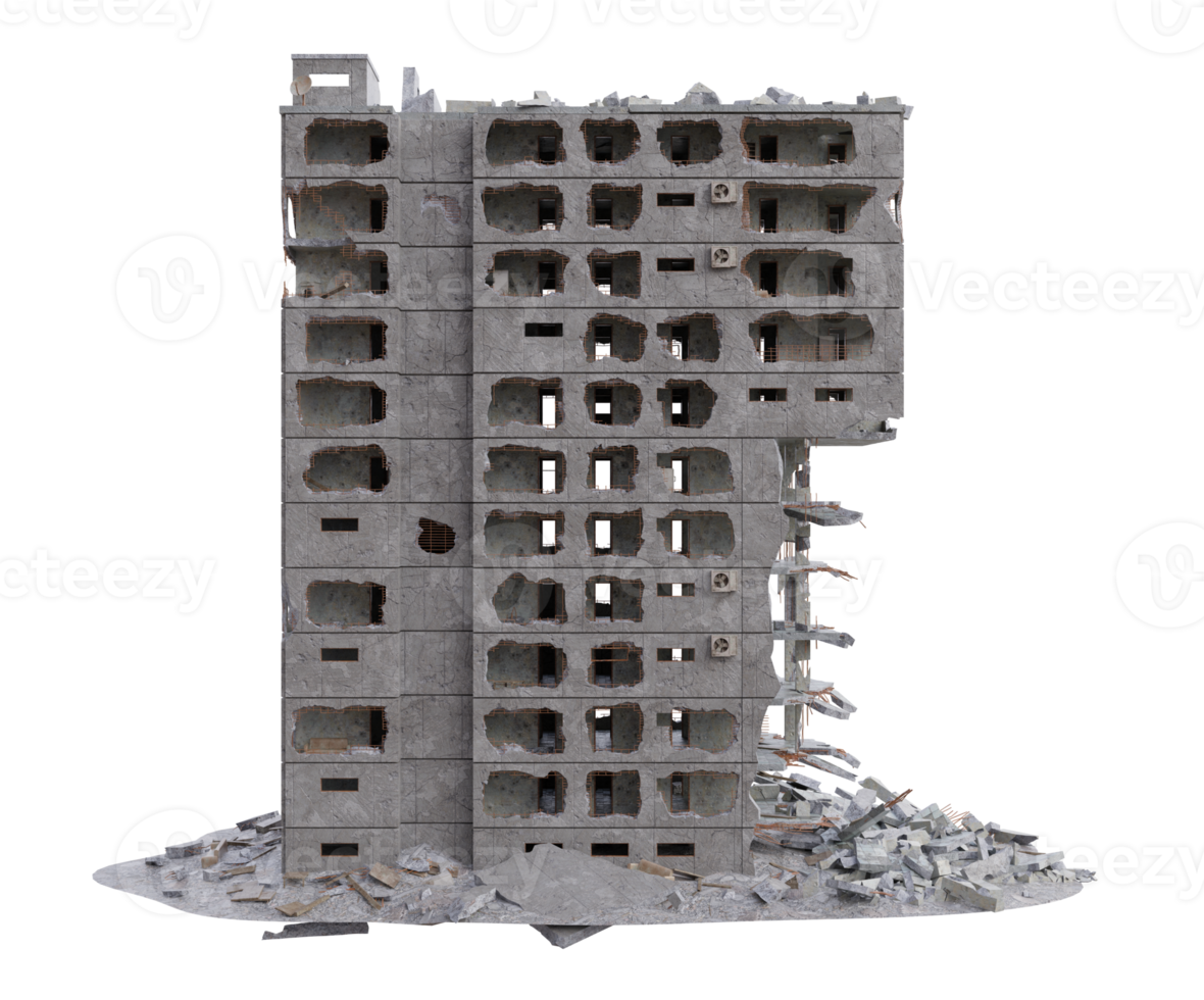 Middle size building damaged after war. 3d render isolated png