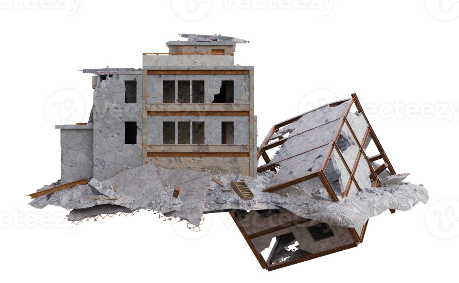 Small size building damaged after war. 3d render isolated png