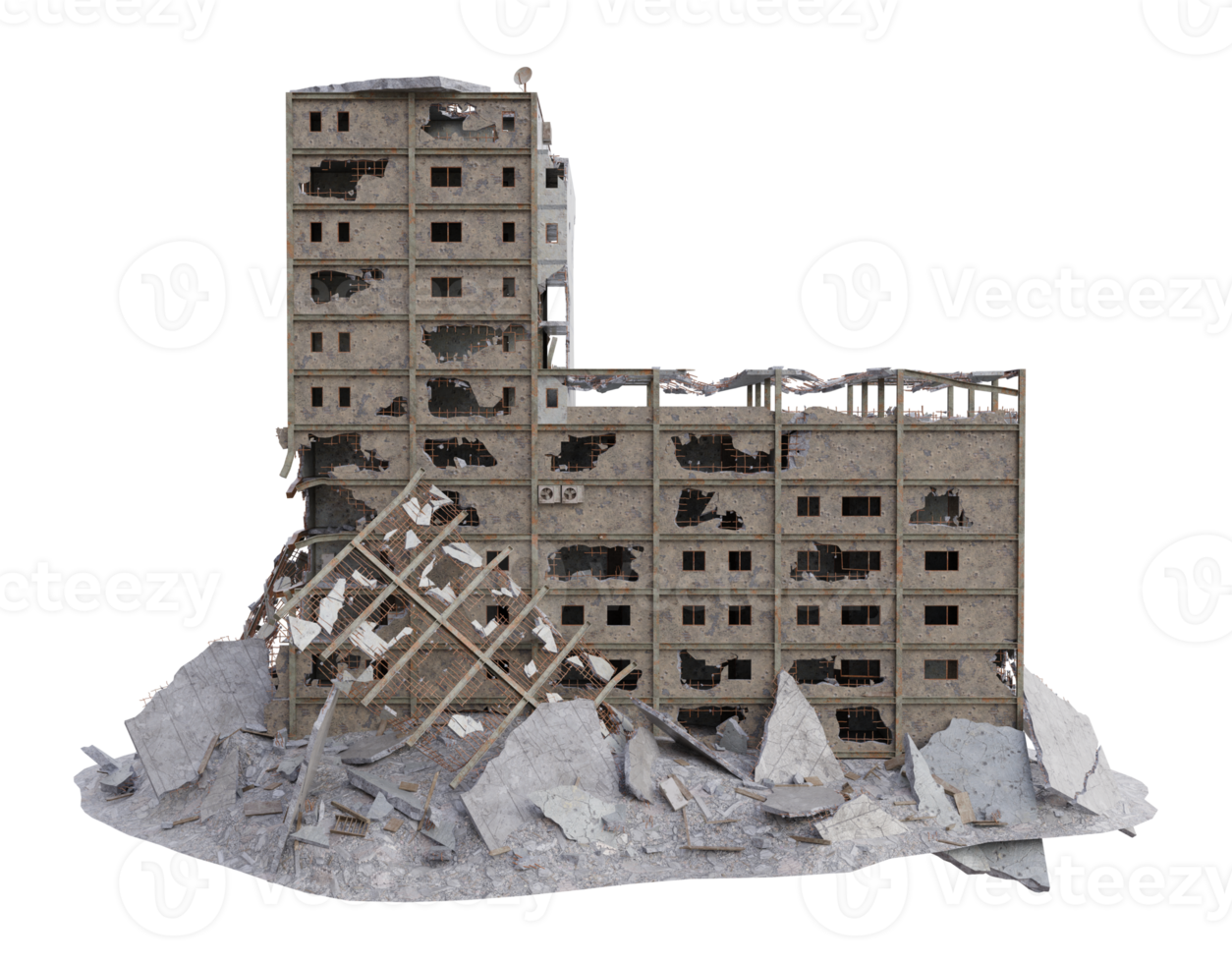 Middle size building damaged after war. 3d render isolated png